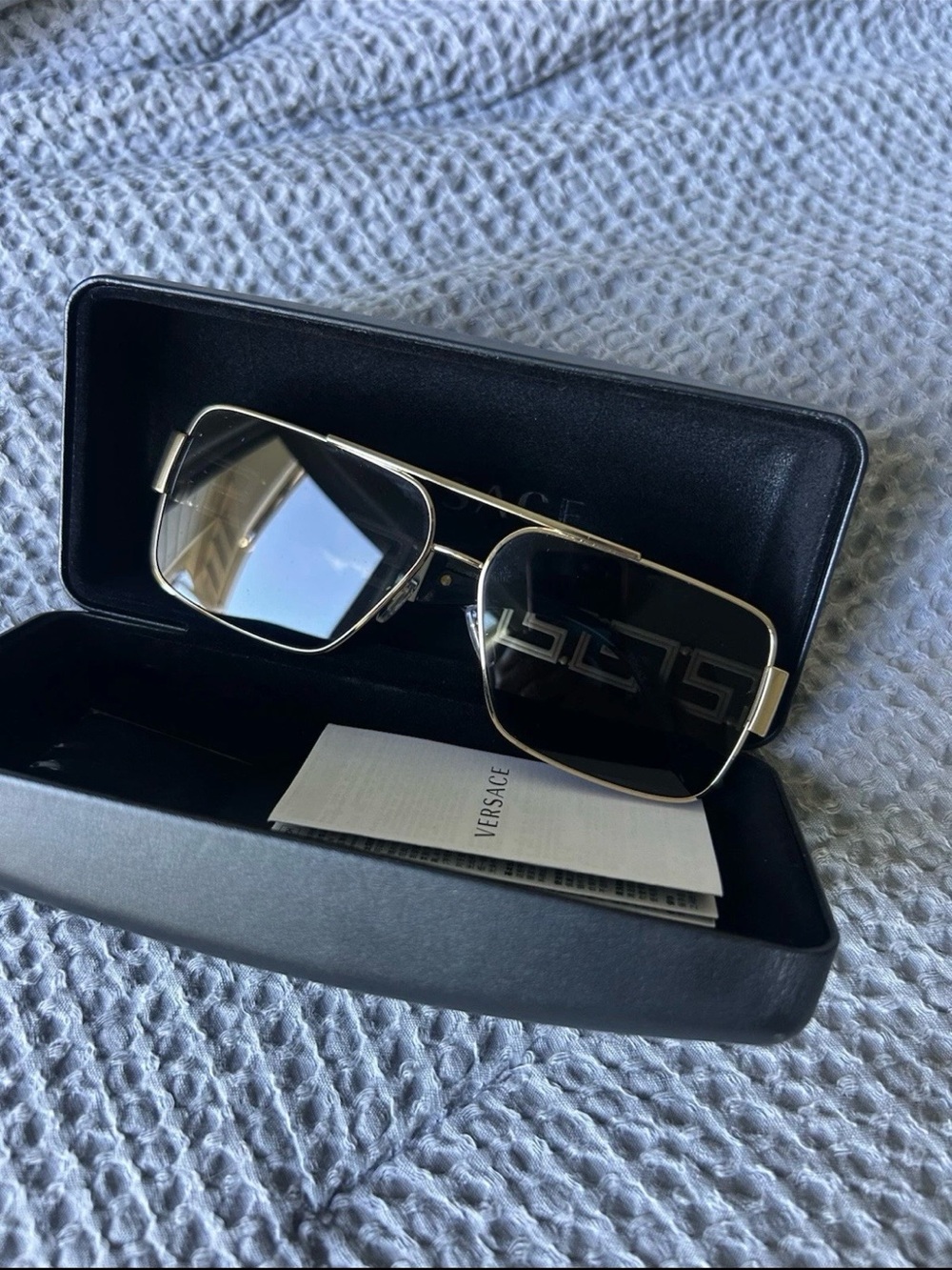 Versace Gold Metal Rectangle Sunglasses with Black Lenses